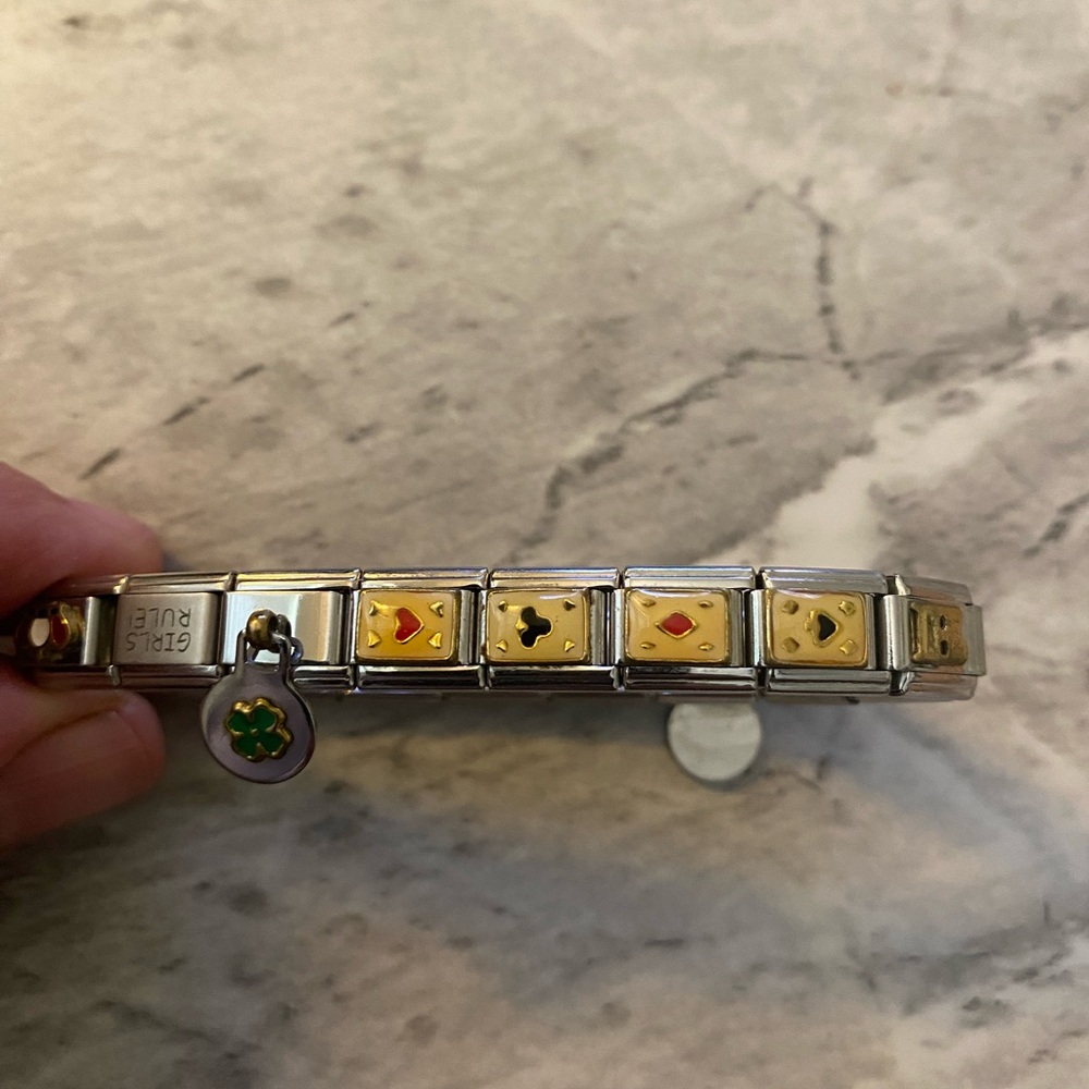 Italian Mixed Metal Link Bracelet with Enamel Card Suit Accents